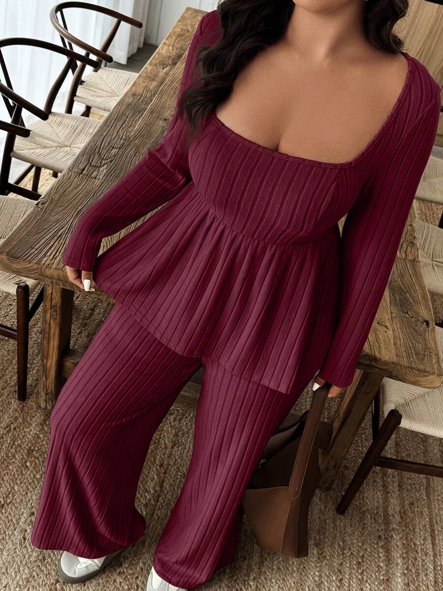 Weeklong Women Plus Size Plush Fabric Loose Collar Top, Warm Casual 2 Pieces Set, Autumn/Winter Fall