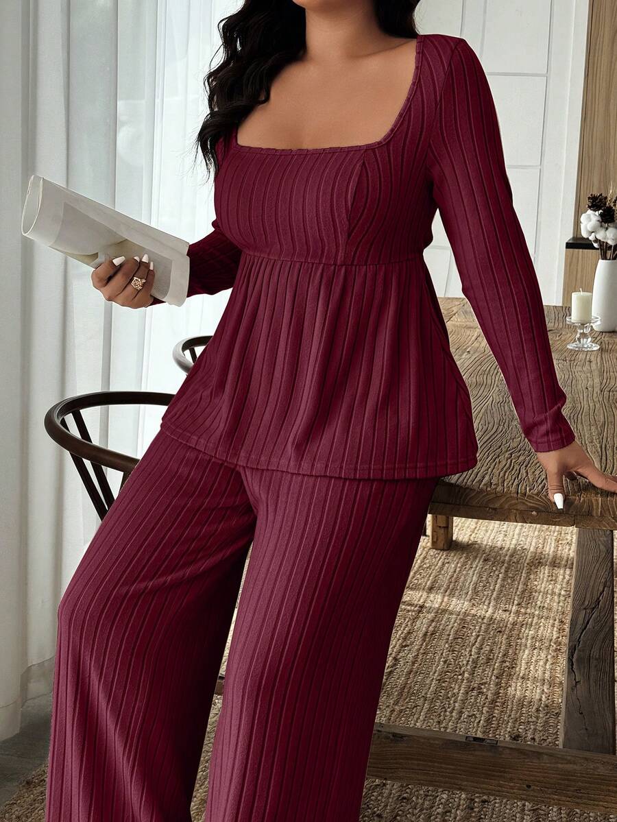 Weeklong Women Plus Size Plush Fabric Loose Collar Top, Warm Casual 2 Pieces Set, Autumn/Winter Fall