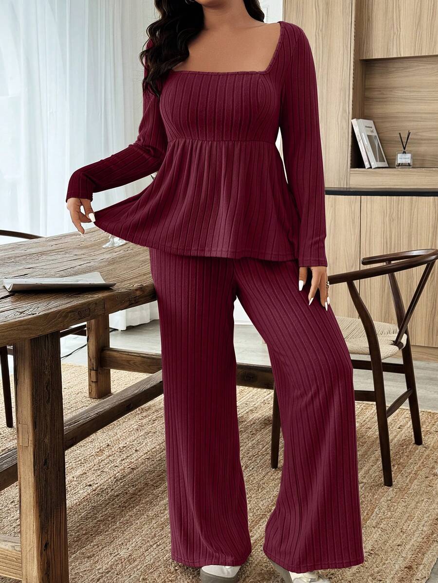 Weeklong Women Plus Size Plush Fabric Loose Collar Top, Warm Casual 2 Pieces Set, Autumn/Winter Fall