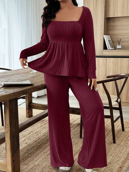 Weeklong Women Plus Size Plush Fabric Loose Collar Top, Warm Casual 2 Pieces Set, Autumn/Winter Fall