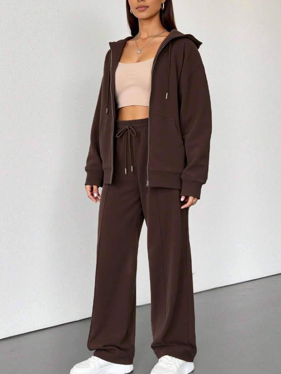 2pcs Solid Color Casual Zip-Up Hoodie Set Brown Elegant