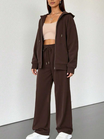 2pcs Solid Color Casual Zip-Up Hoodie Set Brown Elegant