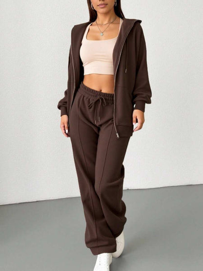 2pcs Solid Color Casual Zip-Up Hoodie Set Brown Elegant