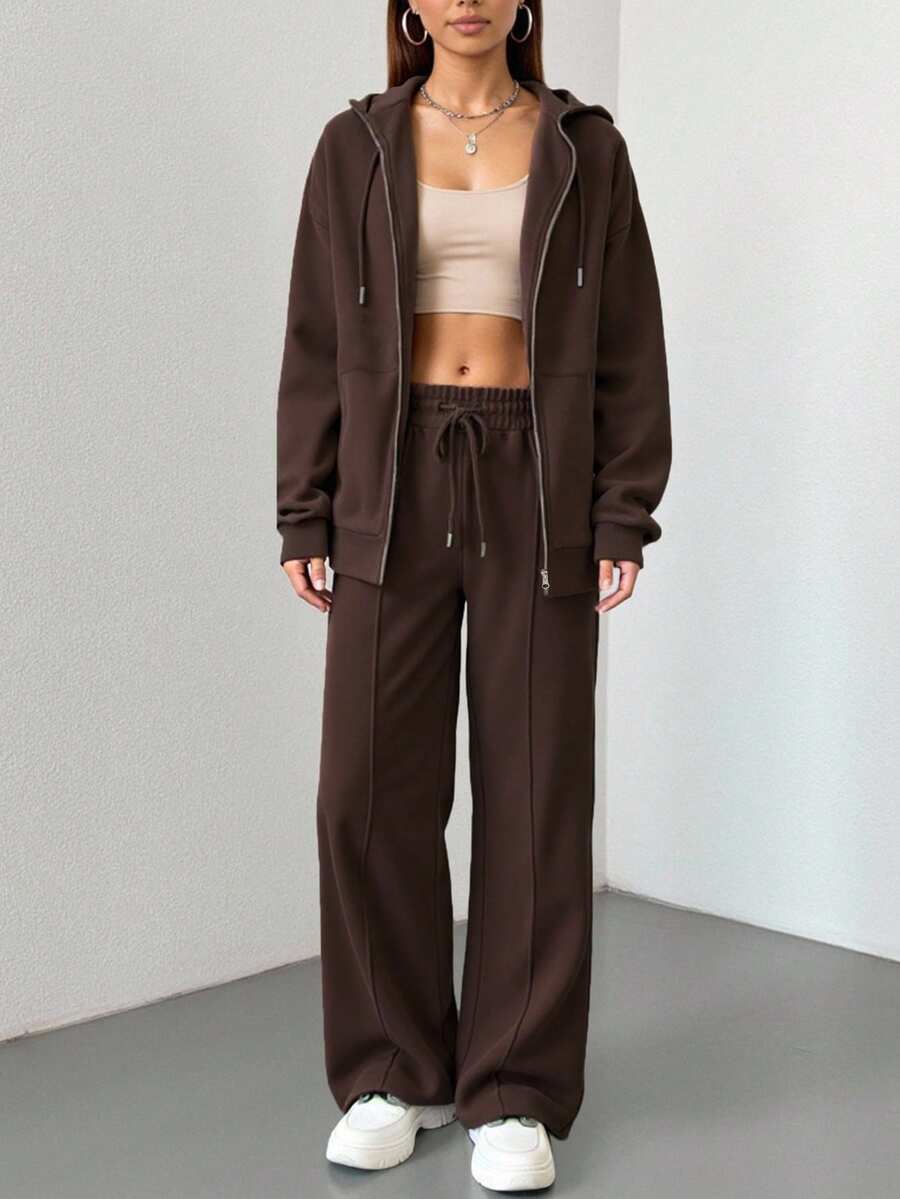 2pcs Solid Color Casual Zip-Up Hoodie Set Brown Elegant