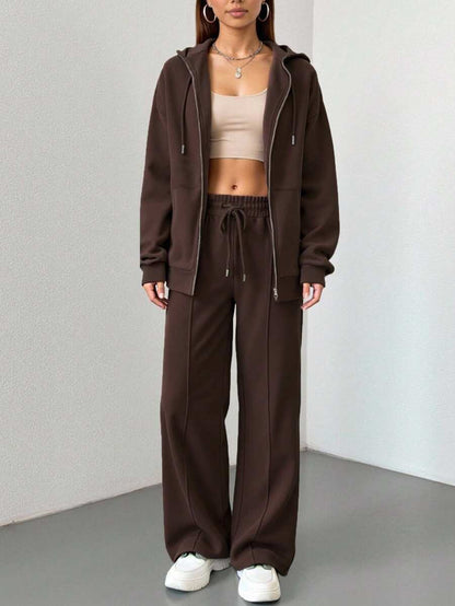 2pcs Solid Color Casual Zip-Up Hoodie Set Brown Elegant