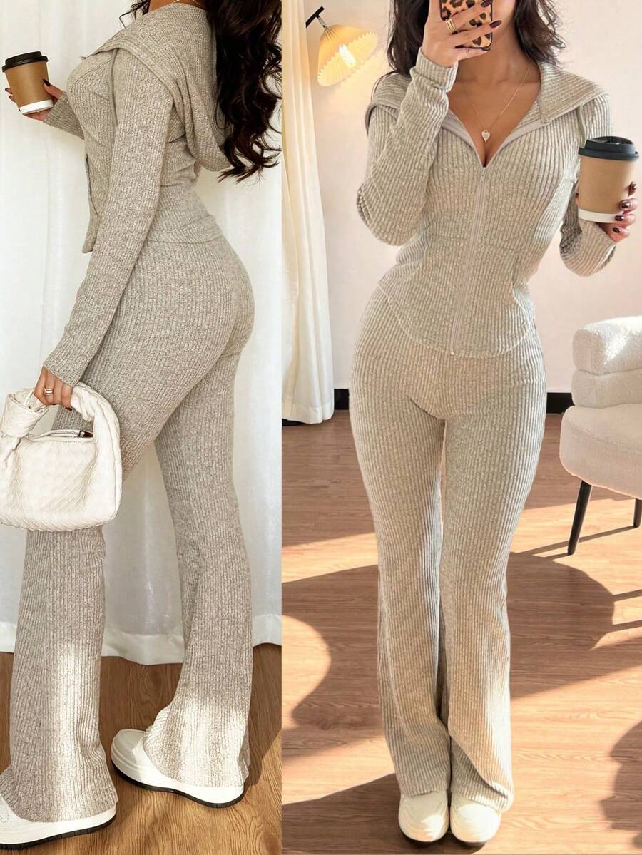 SHEIN Raffinéa Casual Hooded Cinched Waist Pocket Jacket And Flare Ribbed Knit Pants 2 Pieces Set For Women, Versatile Daily Wear, Autumn/Winter Fall Cloth For Women