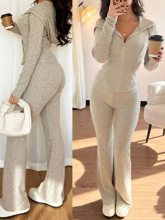 SHEIN Raffinéa Casual Hooded Cinched Waist Pocket Jacket And Flare Ribbed Knit Pants 2 Pieces Set For Women, Versatile Daily Wear, Autumn/Winter Fall Cloth For Women