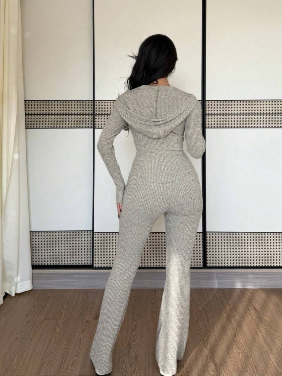 SHEIN Raffinéa Casual Hooded Cinched Waist Pocket Jacket And Flare Ribbed Knit Pants 2 Pieces Set For Women, Versatile Daily Wear, Autumn/Winter Fall Cloth For Women