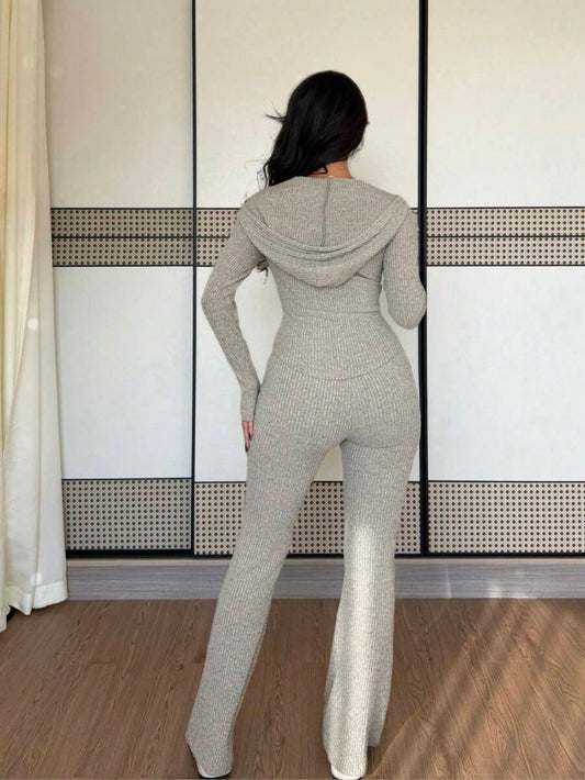 SHEIN Raffinéa Casual Hooded Cinched Waist Pocket Jacket And Flare Ribbed Knit Pants 2 Pieces Set For Women, Versatile Daily Wear, Autumn/Winter Fall Cloth For Women