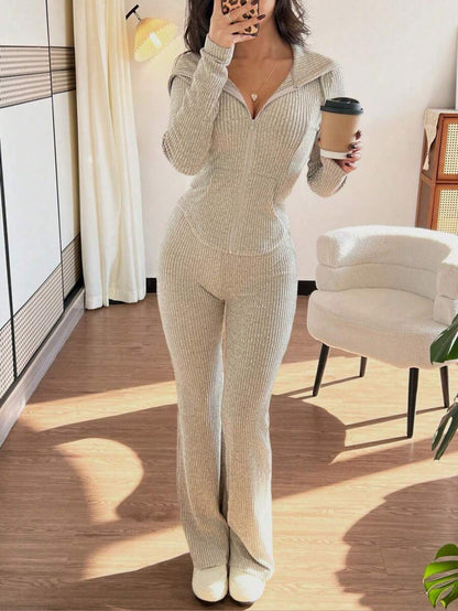 SHEIN Raffinéa Casual Hooded Cinched Waist Pocket Jacket And Flare Ribbed Knit Pants 2 Pieces Set For Women, Versatile Daily Wear, Autumn/Winter Fall Cloth For Women