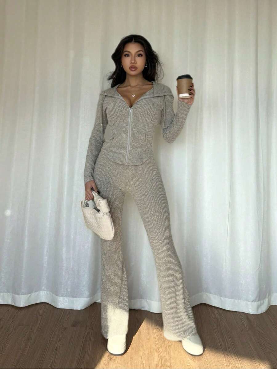 SHEIN Raffinéa Casual Hooded Cinched Waist Pocket Jacket And Flare Ribbed Knit Pants 2 Pieces Set For Women, Versatile Daily Wear, Autumn/Winter Fall Cloth For Women