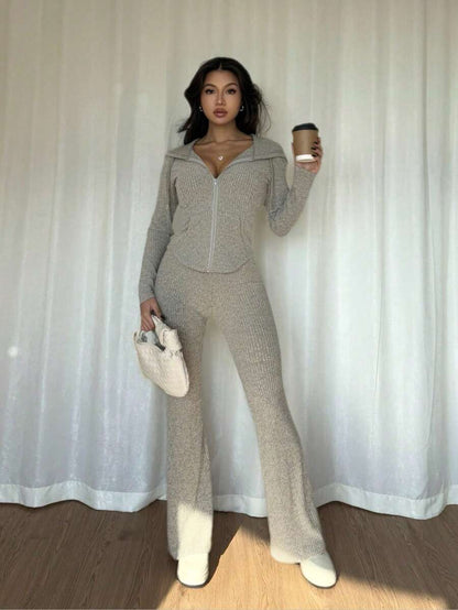 SHEIN Raffinéa Casual Hooded Cinched Waist Pocket Jacket And Flare Ribbed Knit Pants 2 Pieces Set For Women, Versatile Daily Wear, Autumn/Winter Fall Cloth For Women