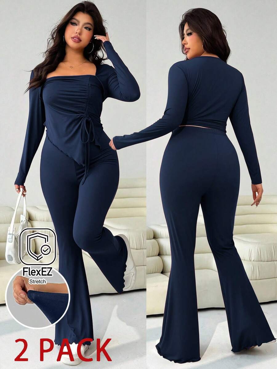 GalTyme Plus Size Women's Casual Asymmetrical Hem Tie Top And Flared Leg Pants Set Fall