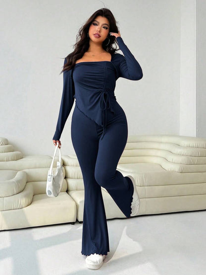 GalTyme Plus Size Women's Casual Asymmetrical Hem Tie Top And Flared Leg Pants Set Fall
