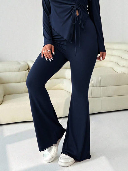 GalTyme Plus Size Women's Casual Asymmetrical Hem Tie Top And Flared Leg Pants Set Fall