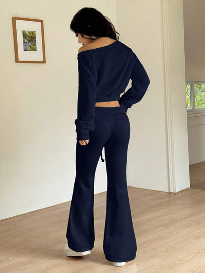 SHEIN EZwear Women's Navy Blue Autumn Casual Comfy Airport 2 Pieces Set,Asymmetrical Neck Drop Shoulder Cropped Sweatshirt&Flared Sweatpants Tall Long Sleeve Set
