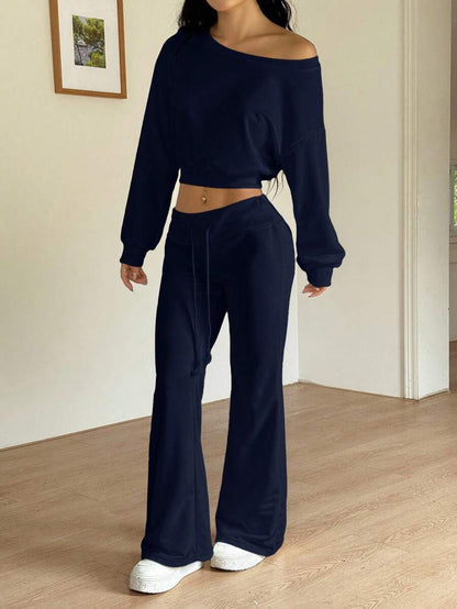SHEIN EZwear Women's Navy Blue Autumn Casual Comfy Airport 2 Pieces Set,Asymmetrical Neck Drop Shoulder Cropped Sweatshirt&Flared Sweatpants Tall Long Sleeve Set
