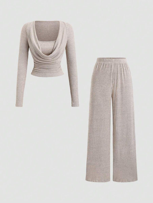 Sweetra Women Taupe 2 Pieces Set,Fall Winter Casual Lounge Draped Neckline  Straight-Cut,Elegant Vintage Minimalist & Chic Versatile Work Everyday Wear