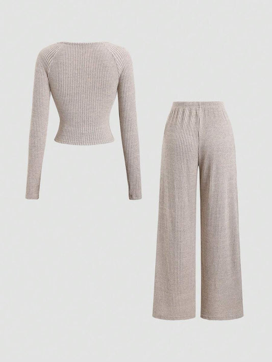 Sweetra Women Taupe 2 Pieces Set,Fall Winter Casual Lounge Draped Neckline  Straight-Cut,Elegant Vintage Minimalist & Chic Versatile Work Everyday Wear