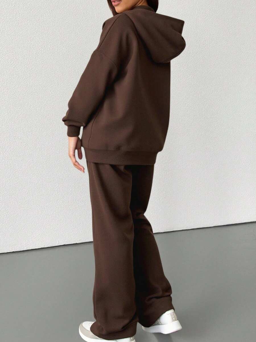 2pcs Solid Color Casual Zip-Up Hoodie Set Brown Elegant