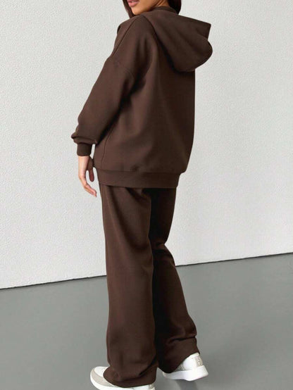 2pcs Solid Color Casual Zip-Up Hoodie Set Brown Elegant