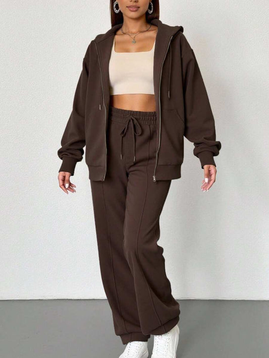 2pcs Solid Color Casual Zip-Up Hoodie Set Brown Elegant