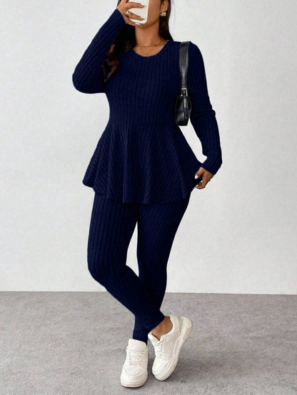 Vionelle Plus Size Navy Blue Winter Women's Knit 2 Pieces Set,Smart Casual Everyday Ruffle Trim Round Neck Long Sleeve Top And Skinny Pants Comfy Lounge Sets