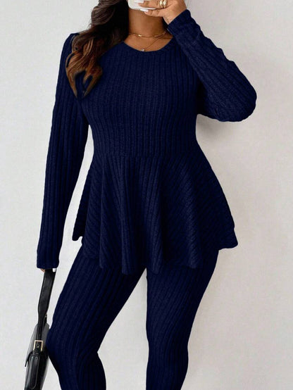 Vionelle Plus Size Navy Blue Winter Women's Knit 2 Pieces Set,Smart Casual Everyday Ruffle Trim Round Neck Long Sleeve Top And Skinny Pants Comfy Lounge Sets