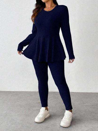 Vionelle Plus Size Navy Blue Winter Women's Knit 2 Pieces Set,Smart Casual Everyday Ruffle Trim Round Neck Long Sleeve Top And Skinny Pants Comfy Lounge Sets