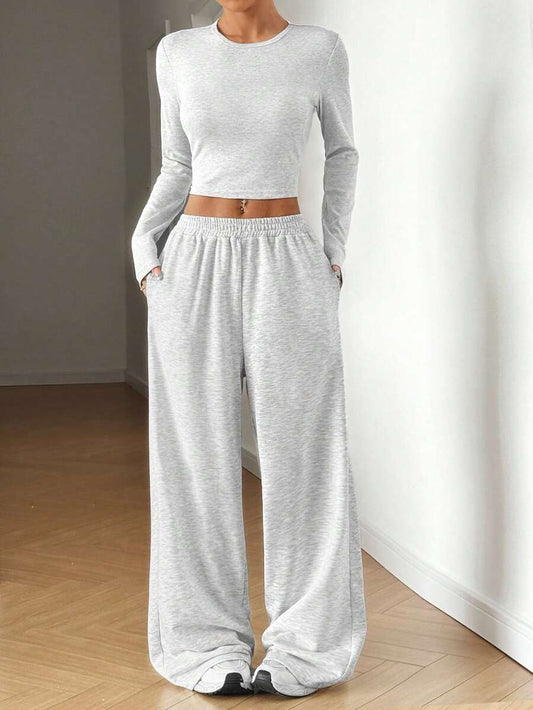 SHEIN EZwear Beige Knitted Women's Crew Neck Long Sleeve T-Shirt And Pants Set Lounge Travel Autumn Casual