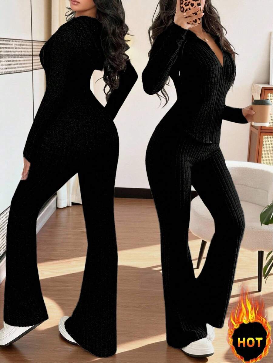 SHEIN Raffinéa Casual Hooded Cinched Waist Pocket Jacket And Flare Ribbed Knit Pants 2 Pieces Set For Women, Versatile Daily Wear, Autumn/Winter Fall Cloth For Women