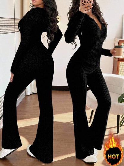 SHEIN Raffinéa Casual Hooded Cinched Waist Pocket Jacket And Flare Ribbed Knit Pants 2 Pieces Set For Women, Versatile Daily Wear, Autumn/Winter Fall Cloth For Women