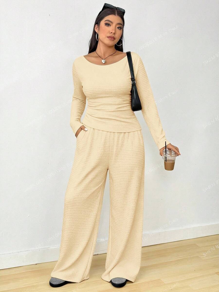 Solflare Plus Size Textured Long Sleeve Top And Loose Pants With Pockets 2 Pieces Set Fall