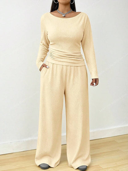 Solflare 2pcs Plus Size Textured Brown Pleated Long Sleeve Top And Pockets Pants Set Fall