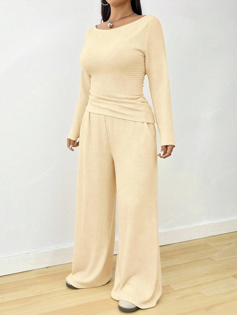 Solflare 2pcs Plus Size Textured Brown Pleated Long Sleeve Top And Pockets Pants Set Fall