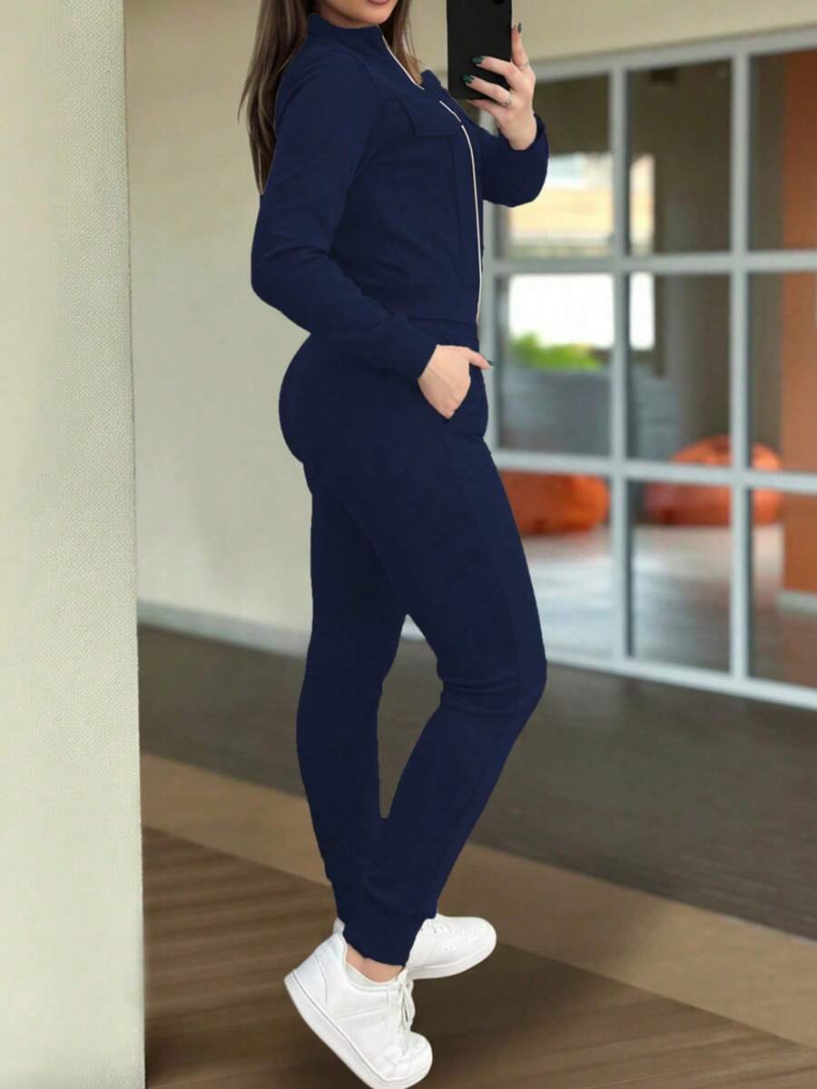 2pcs Women Set In Spring/Autumn/Winter, Minimal Solid Color Versatile Zip Up Short Jacket Tops With Elastic Waist Pocket Skinny Pants Casual Elegant