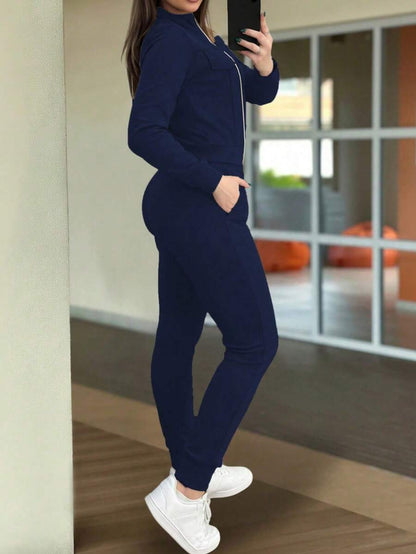 2pcs Women Set In Spring/Autumn/Winter, Minimal Solid Color Versatile Zip Up Short Jacket Tops With Elastic Waist Pocket Skinny Pants Casual Elegant