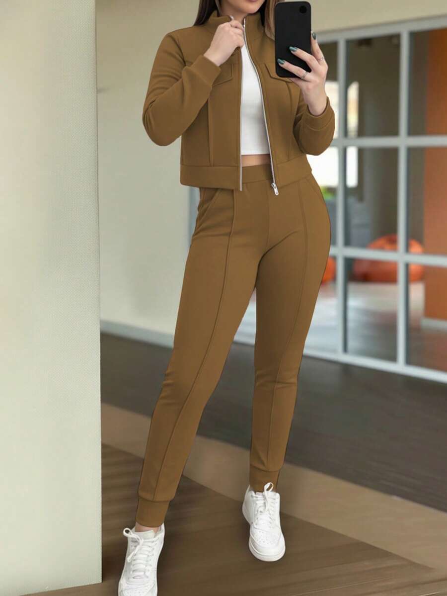 2pcs Women Set In Spring/Autumn/Winter, Minimal Solid Color Versatile Zip Up Short Jacket Tops With Elastic Waist Pocket Skinny Pants Casual Elegant