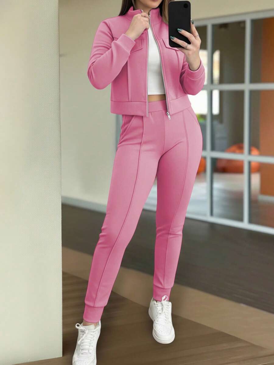 2pcs Women Set In Spring/Autumn/Winter, Minimal Solid Color Versatile Zip Up Short Jacket Tops With Elastic Waist Pocket Skinny Pants Casual Elegant