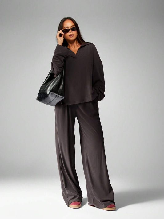 MISSGUIDED Soft Touch Co-Ord Set Matching V-Neck Top Wide Leg Pants Comfortable Loungewear