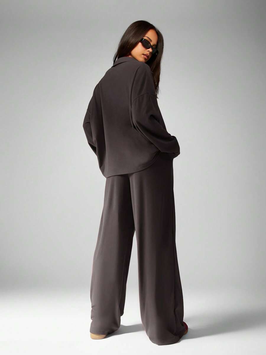 MISSGUIDED Soft Touch Co-Ord Set Matching V-Neck Top Wide Leg Pants Comfortable Loungewear