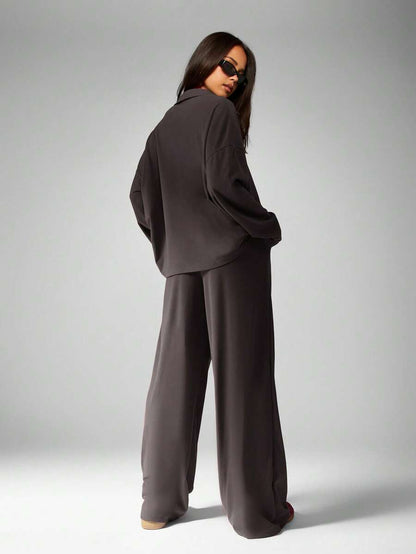 MISSGUIDED Soft Touch Co-Ord Set Matching V-Neck Top Wide Leg Pants Comfortable Loungewear