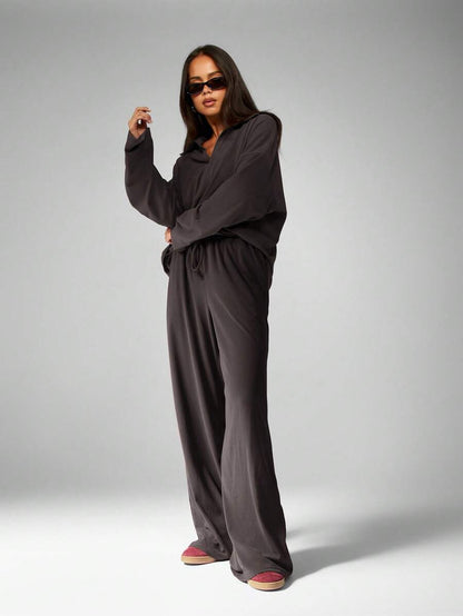 MISSGUIDED Soft Touch Co-Ord Set Matching V-Neck Top Wide Leg Pants Comfortable Loungewear
