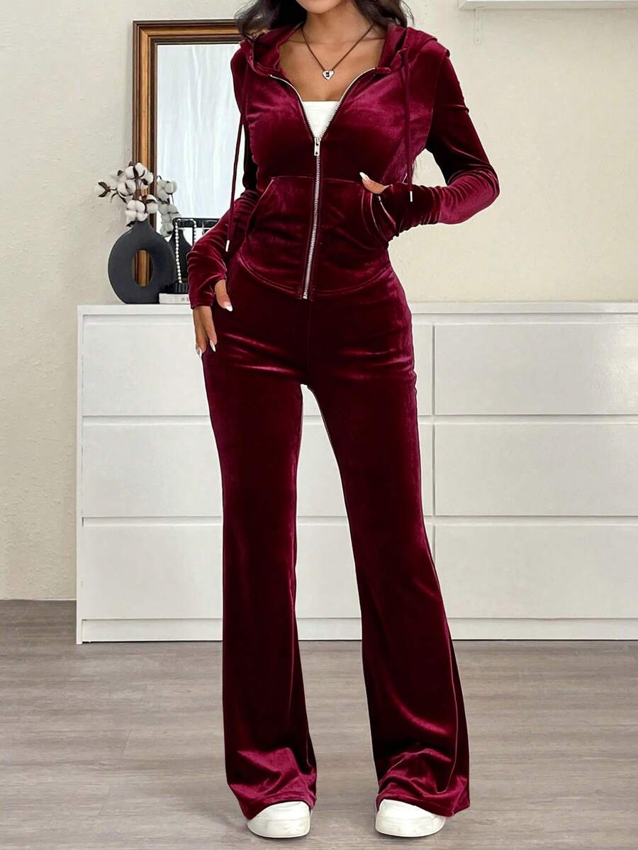SHEIN EZwear 2pcs Women Casual Athleisure Solid Color Hoodie Top Pants Set,Autumn, Clothes For Women Lounge Travel Burgundy Lounge Travel