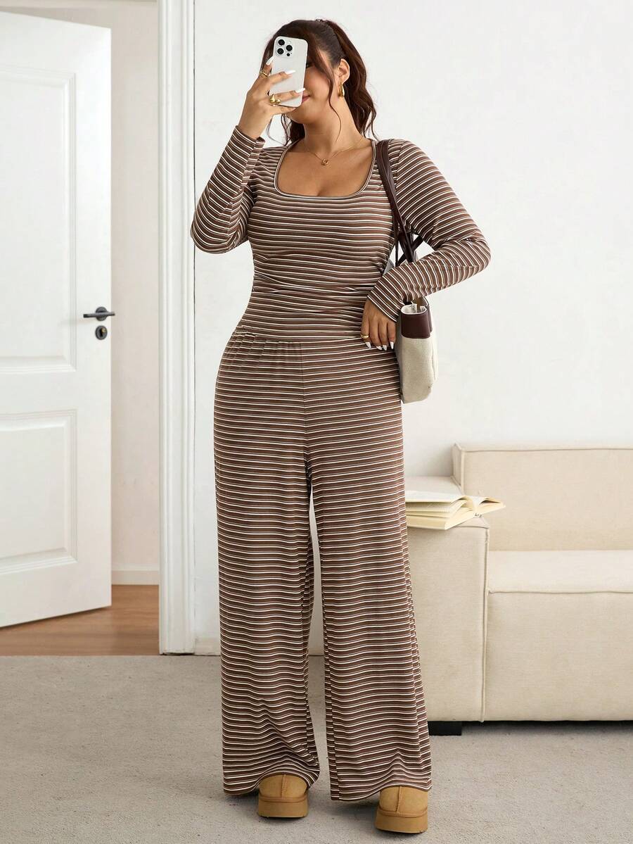 Lounesse Plus Size Women Solid Color Square Neck Long Sleeve T-Shirt And Pants Casual 2 Pieces Set Casual Daily Going Out 2 Pieces Sets Casual School Outfit Set