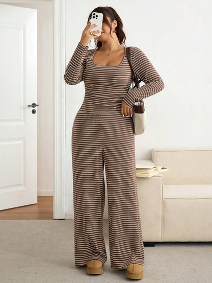 Lounesse Plus Size Women Solid Color Square Neck Long Sleeve T-Shirt And Pants Casual 2 Pieces Set Casual Daily Going Out 2 Pieces Sets Casual School Outfit Set