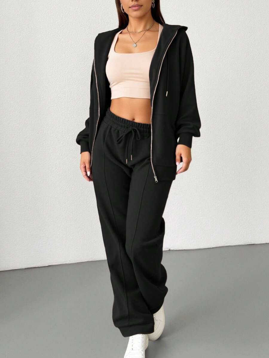 2pcs Solid Color Casual Zip-Up Hoodie Set Brown Elegant