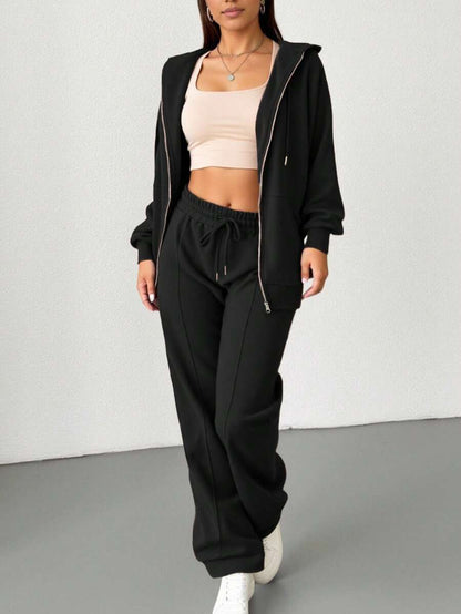 2pcs Solid Color Casual Zip-Up Hoodie Set Brown Elegant