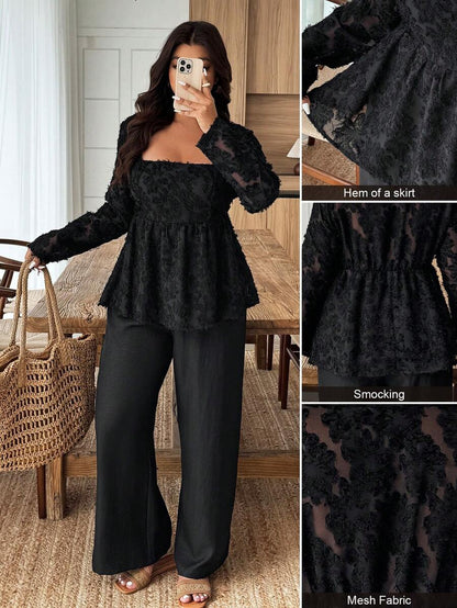 Breezaya 2pcs Plus Size Women Square Neck Ruffle Hem Floral Decor Long Sleeve Top And Pants Set Fall/Winter
