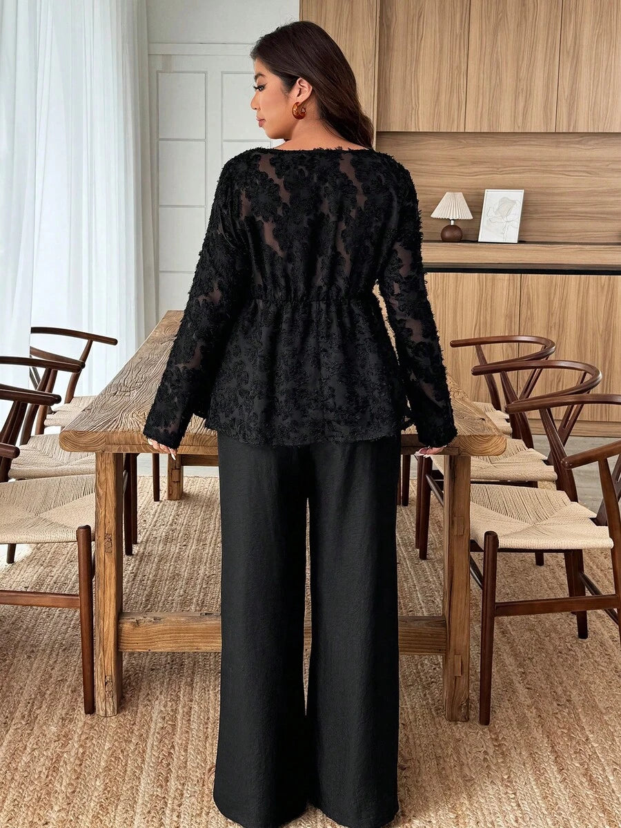 Breezaya 2pcs Plus Size Women Square Neck Ruffle Hem Floral Decor Long Sleeve Top And Pants Set Fall/Winter